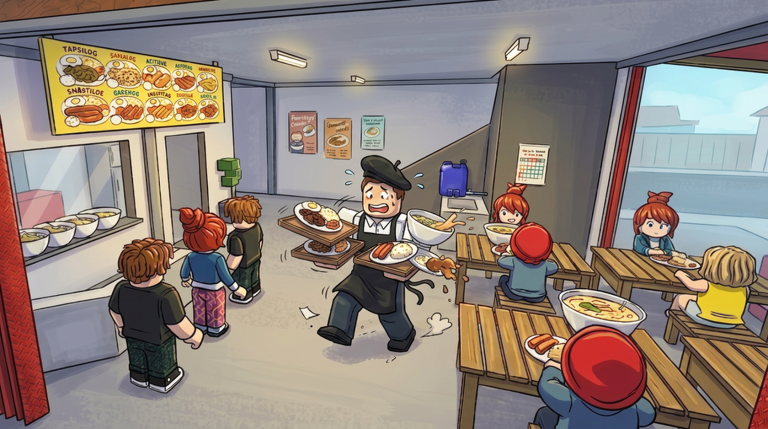 A busy cartoon Filipino restaurant from the official Karinderya Roblox media set